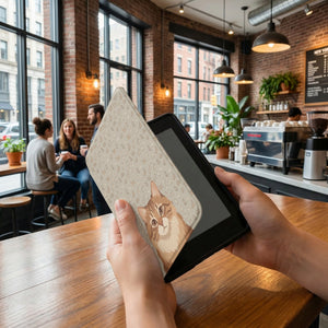 Custom Cat Portrait Kindle Case — Ginger Longhair with Playful Doodle Pattern Gift