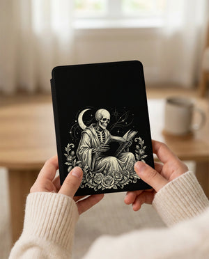 Robed Skeleton Reading Kindle Case — Gothic Book Lover Gift