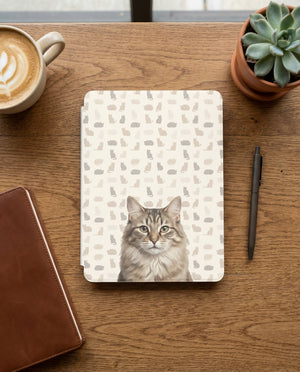 Custom Cat Portrait Kindle Case — Fluffy Tabby with Silhouette Pattern Gift