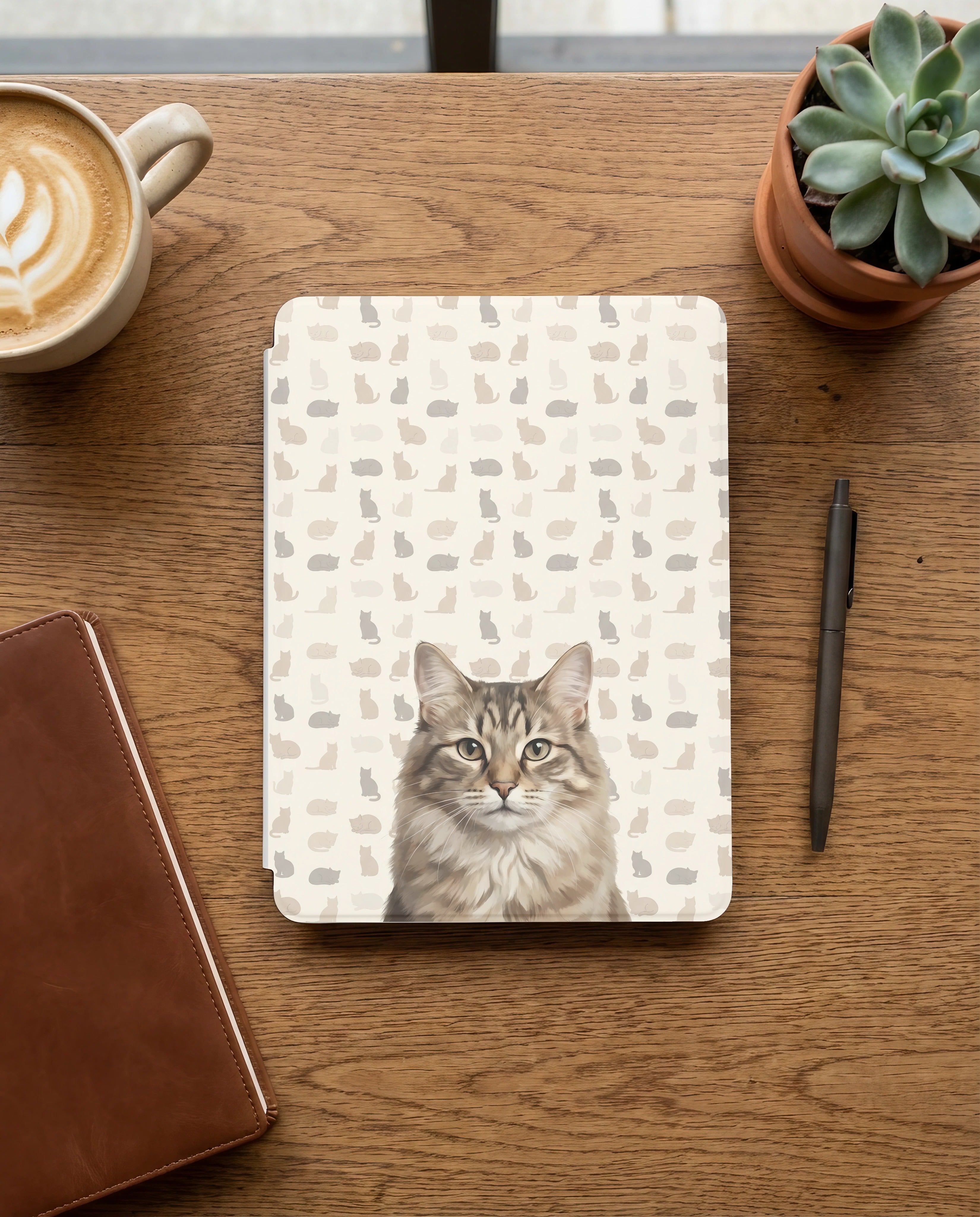 Custom Cat Portrait Kindle Case — Fluffy Tabby with Silhouette Pattern Gift