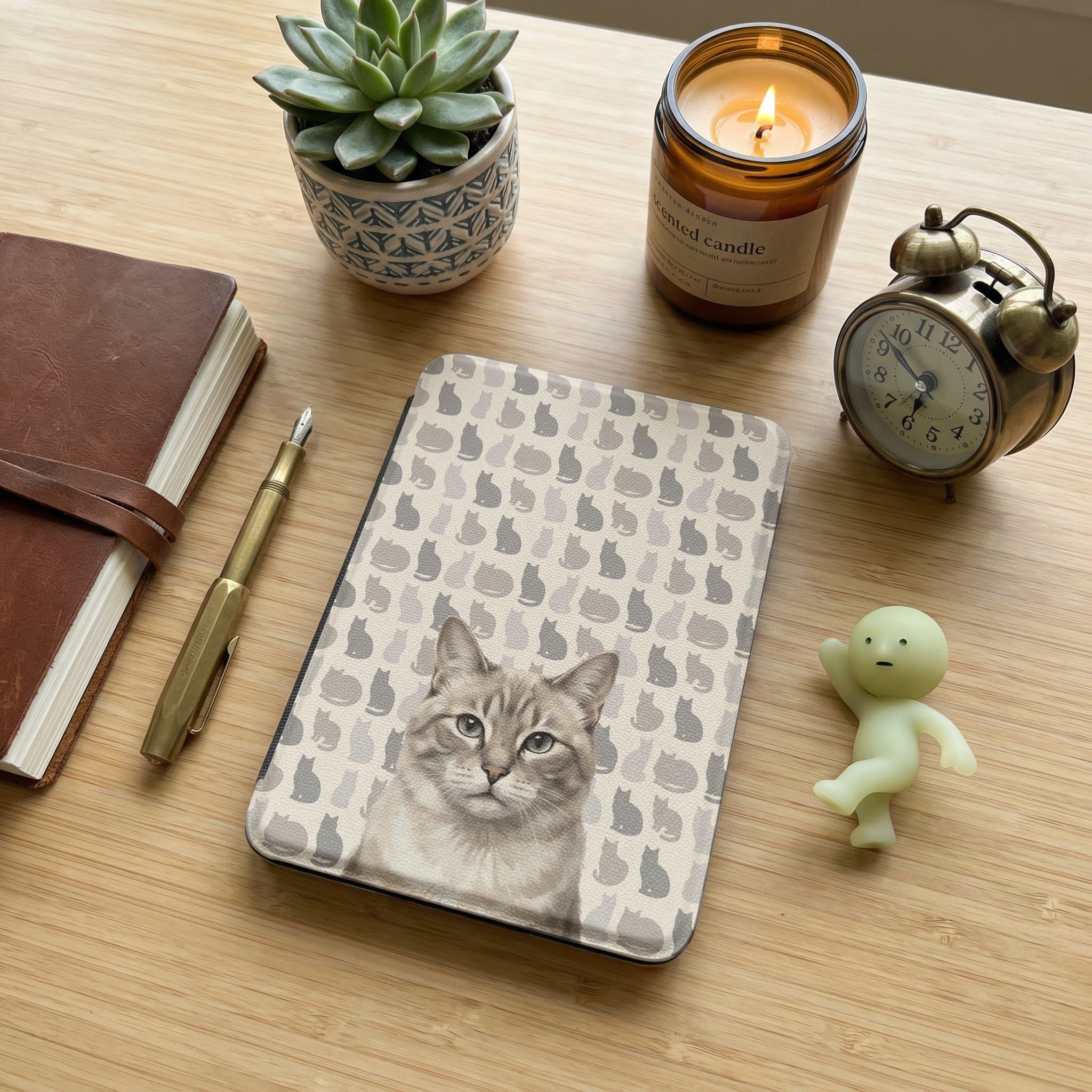Custom Cat Portrait Kindle Case — Light Tabby with Tonal Silhouette Grid