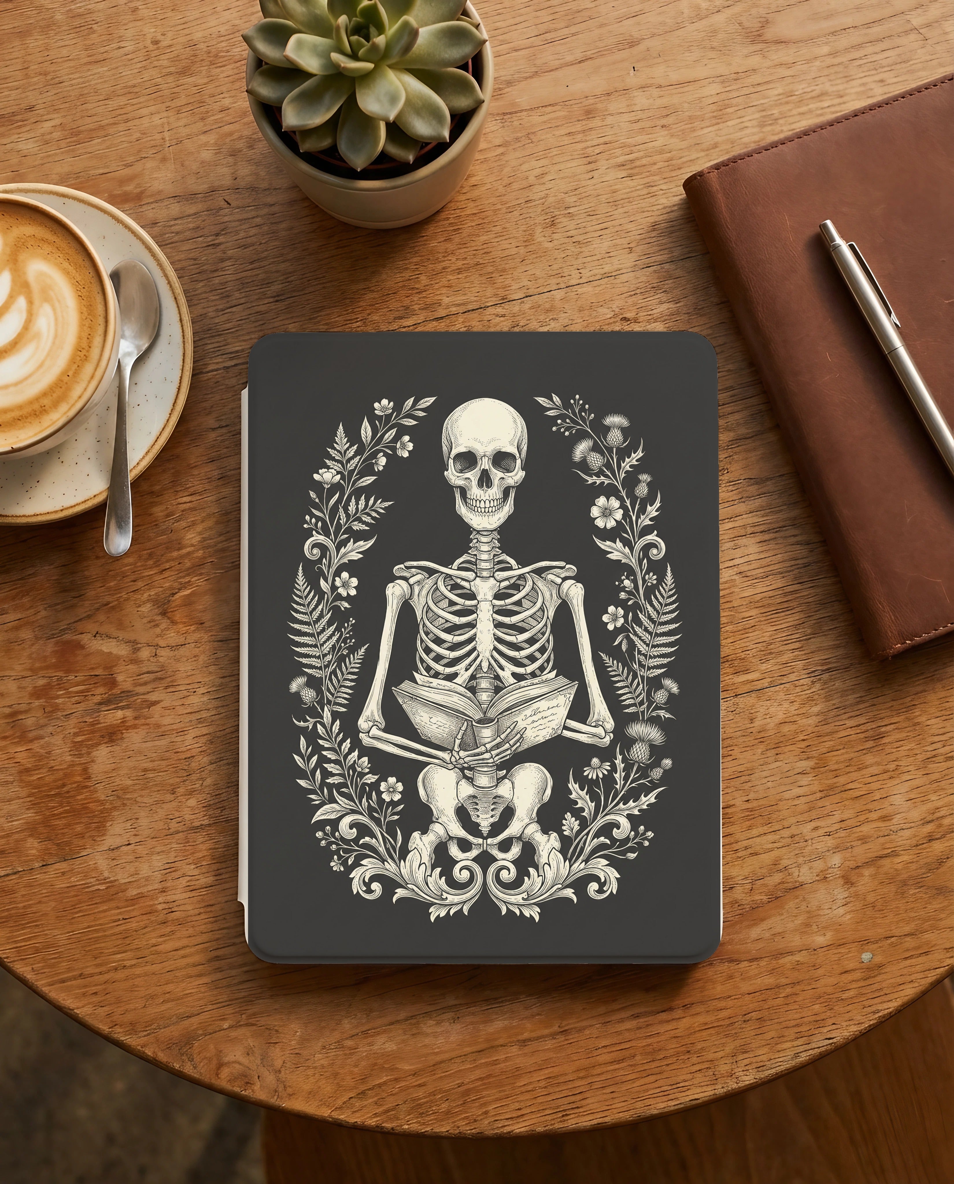 Seated Skeleton Full Body Kindle Case — Gothic Book Lover Gift