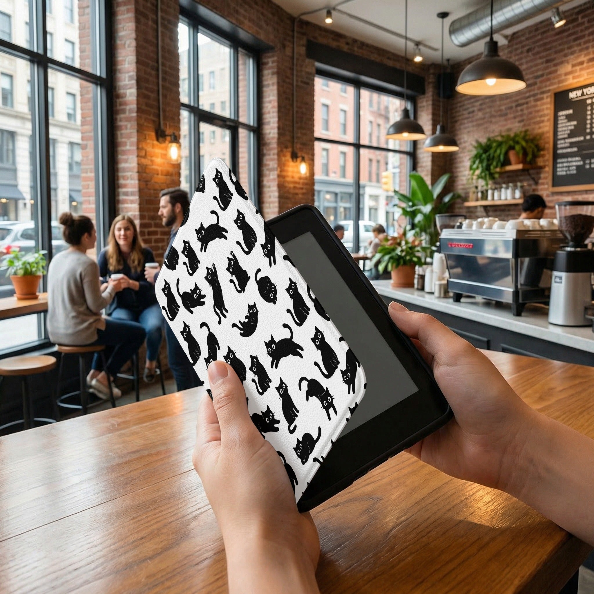 Black Cat Pattern Kindle Paperwhite Case — Playful Cat Lover Gift