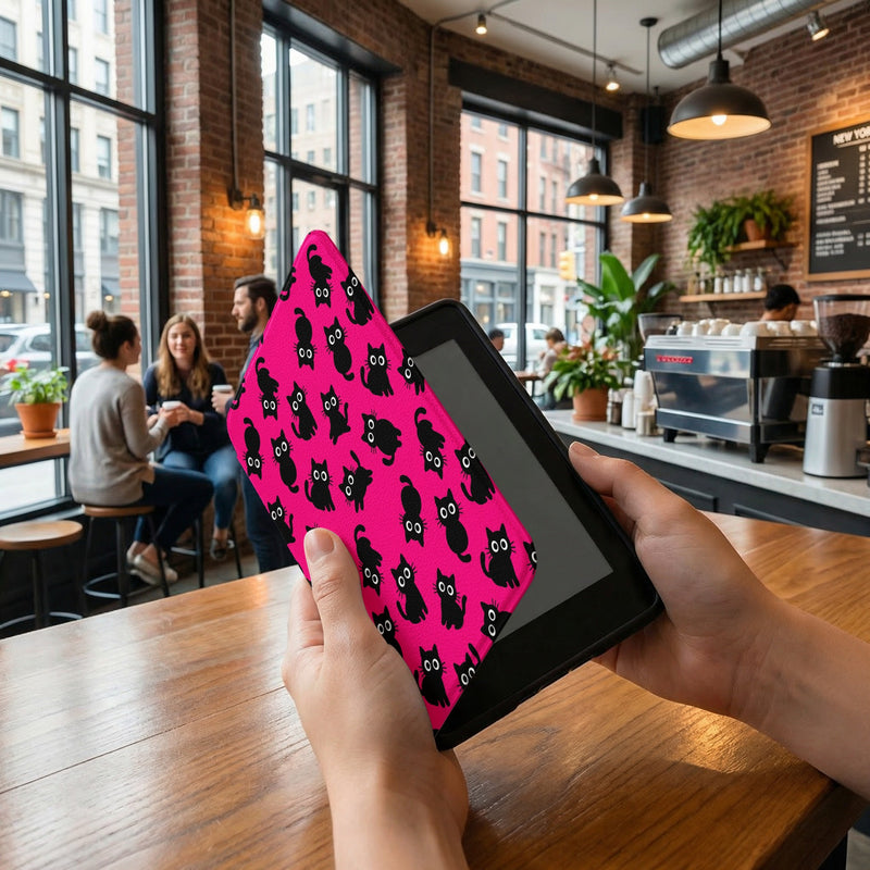 Hot Pink Black Cat Kindle Colorsoft Case — Kawaii Cat Lover Gift