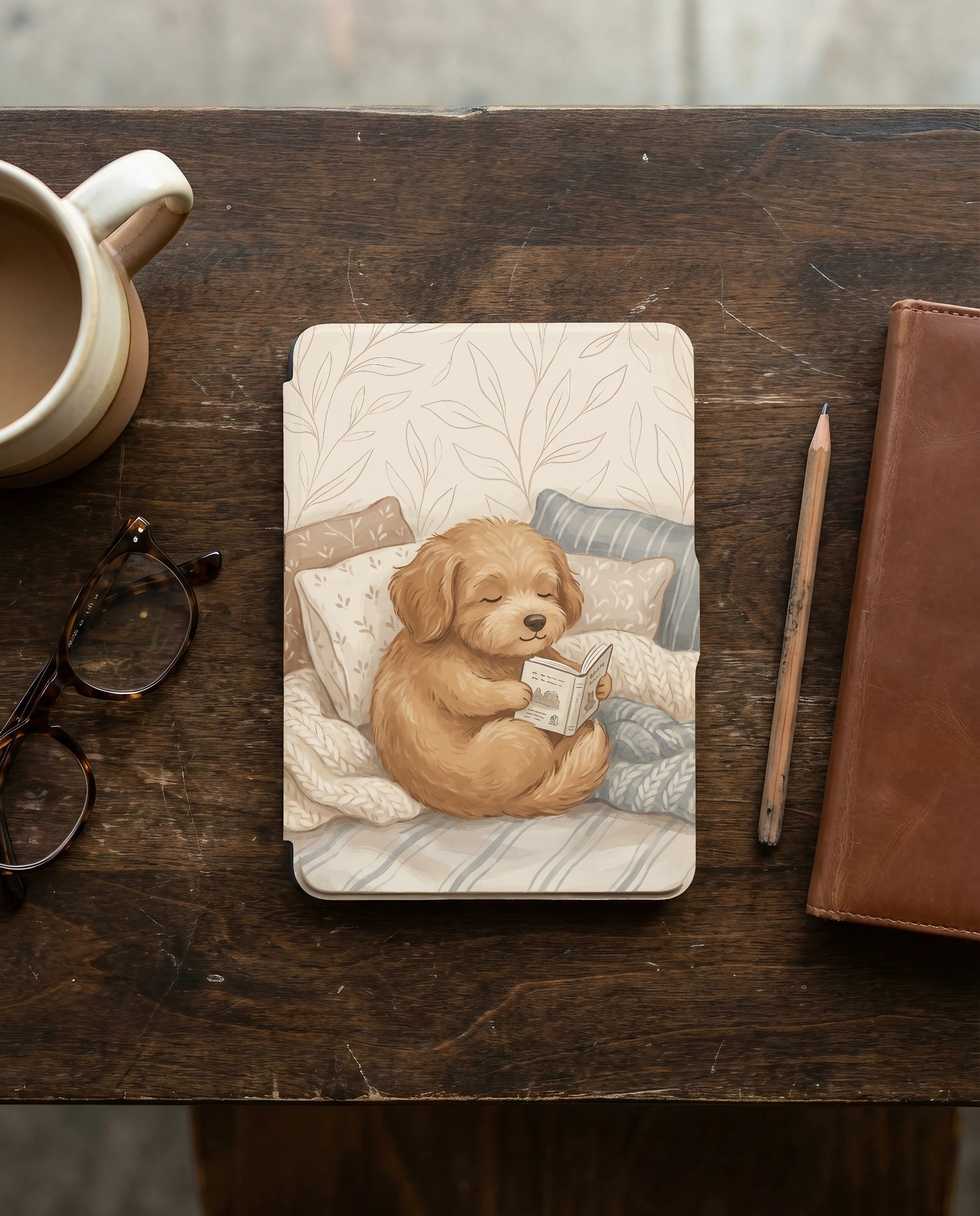 Cute Dog on Cozy Bedding Reading Kindle Paperwhite Case — Gift for Dog Lovers