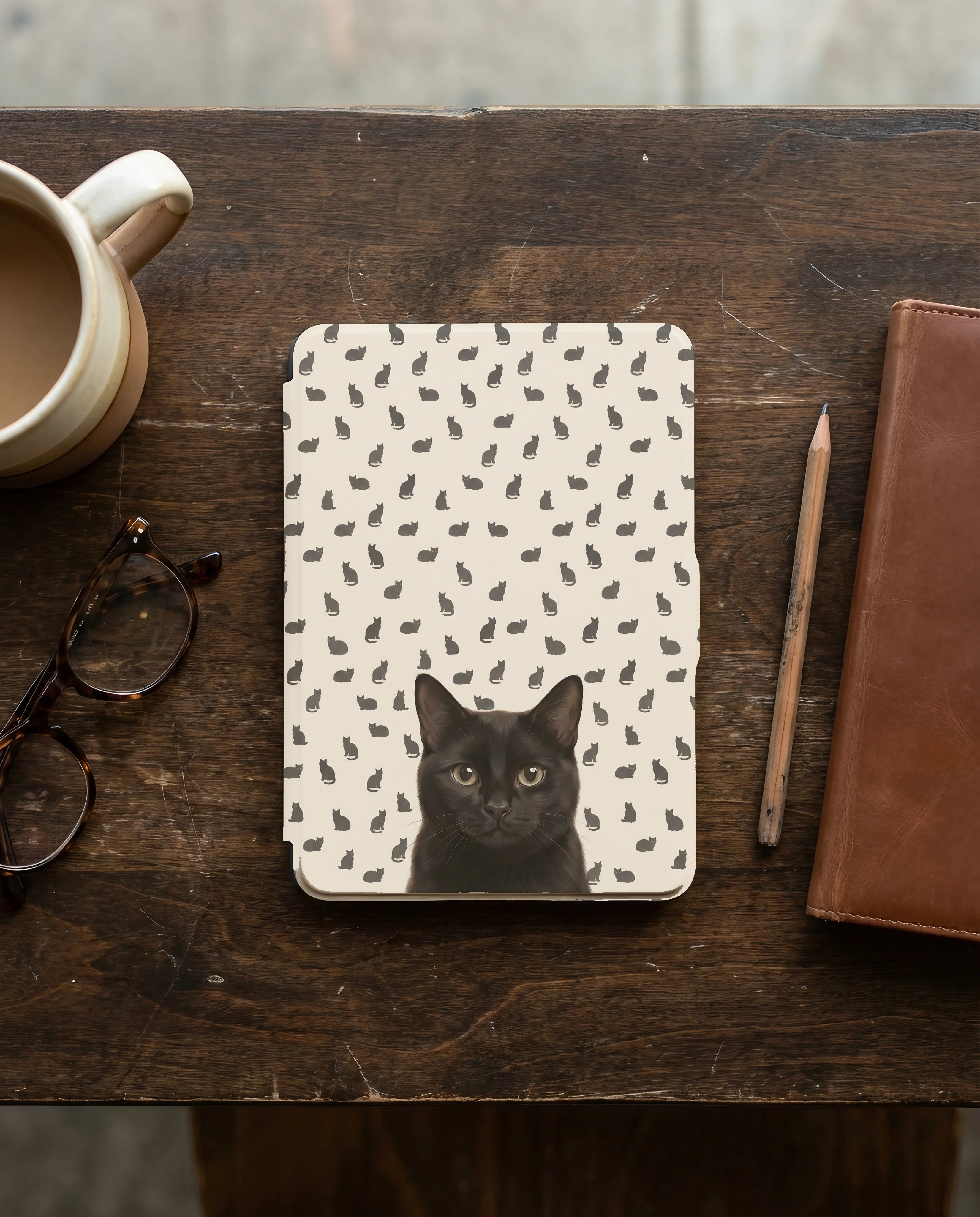 Custom Black Cat Portrait Kindle Case — Scattered Silhouette Pattern