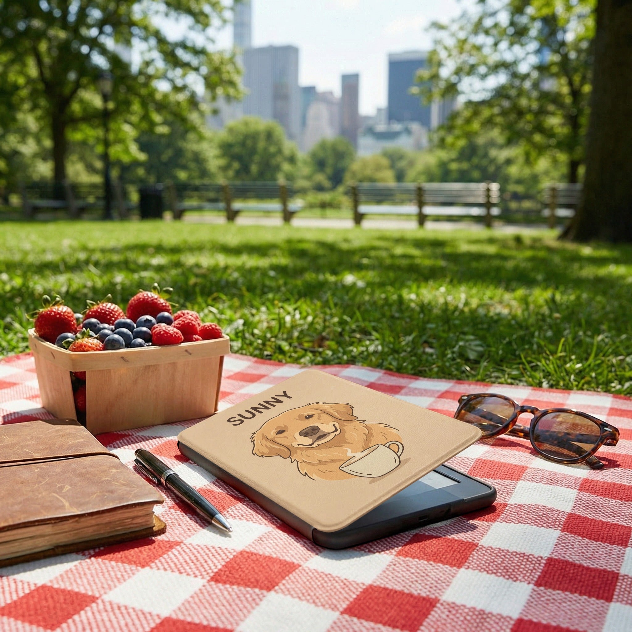 Personalized Pet Portrait Kindle Case — Cozy Café Dog or Cat