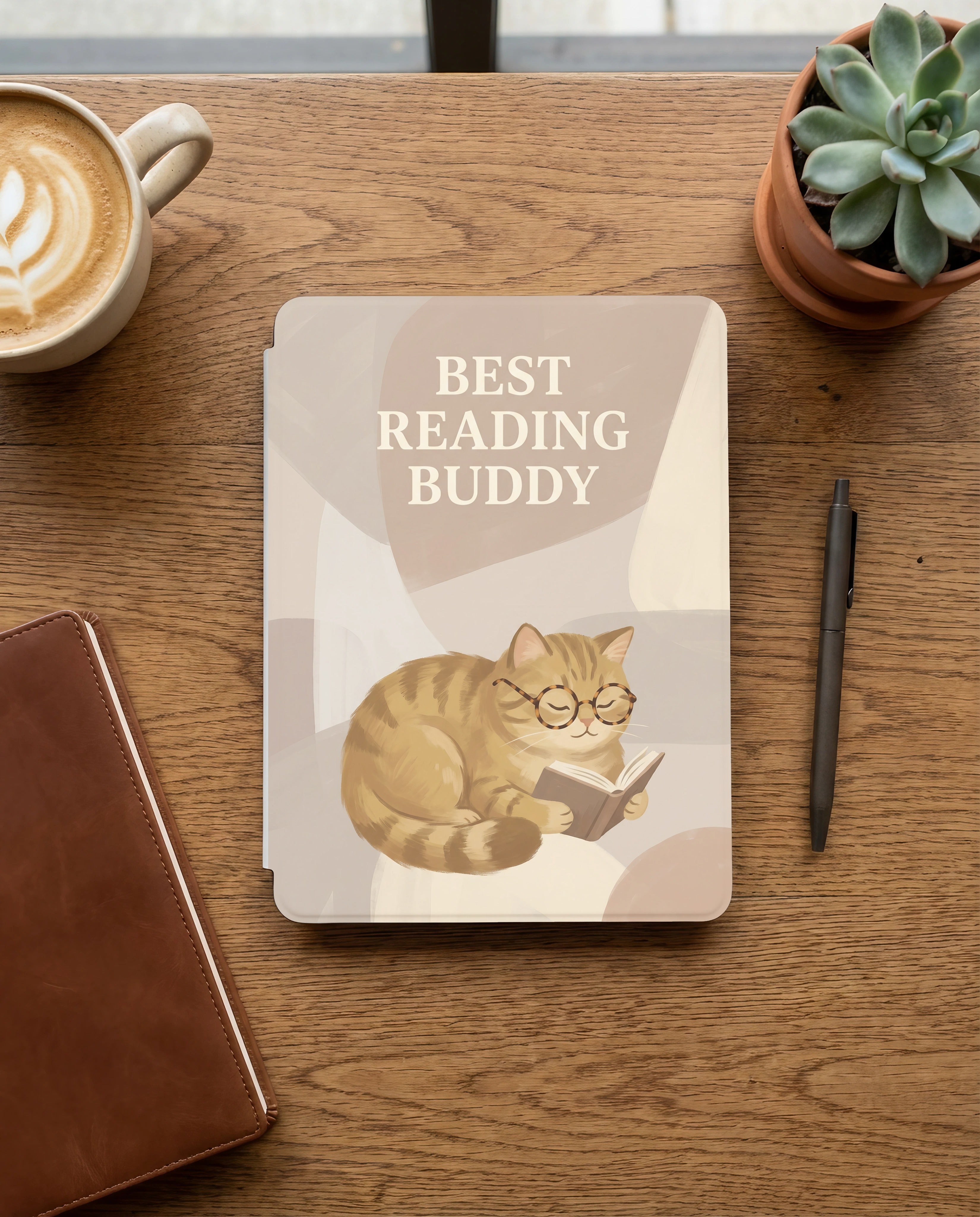 Best Reading Buddy Custom Cat Kindle 12th Gen Case — Cute Cat with Glasses Reading