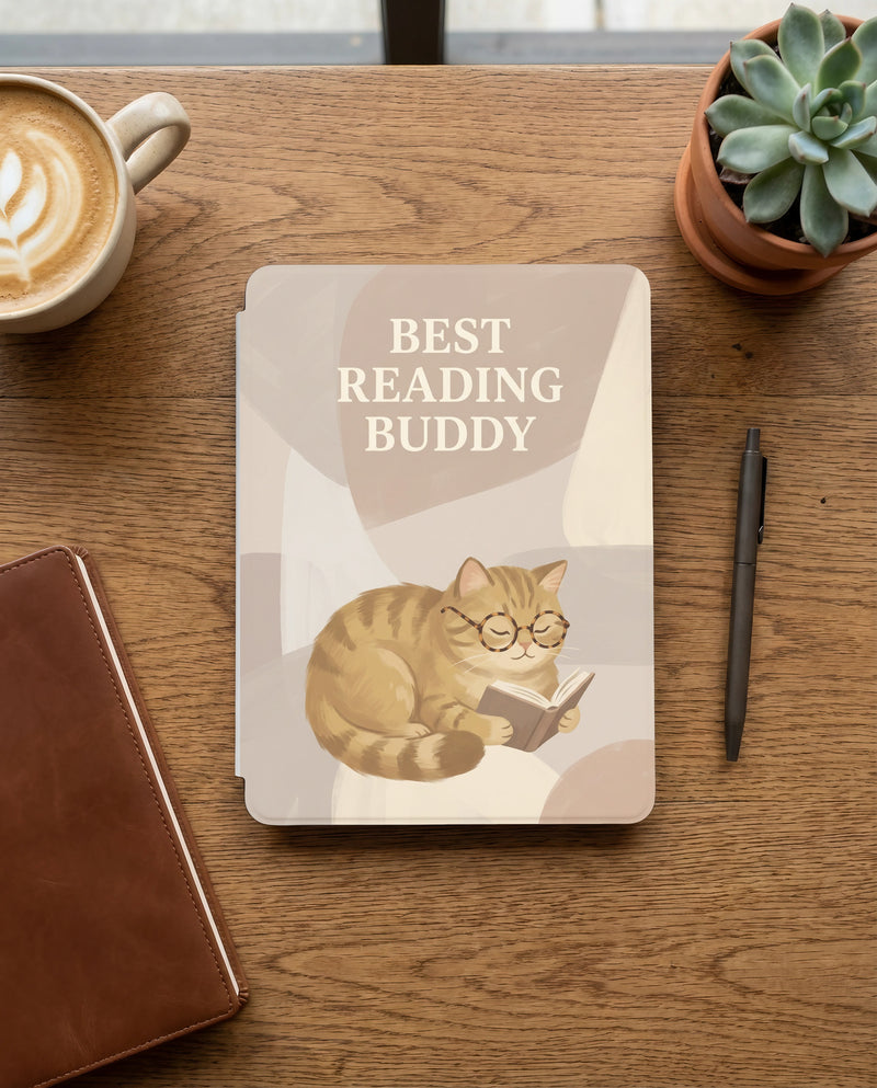 Best Reading Buddy Custom Cat Kindle 12th Gen Case — Cute Cat with Glasses Reading