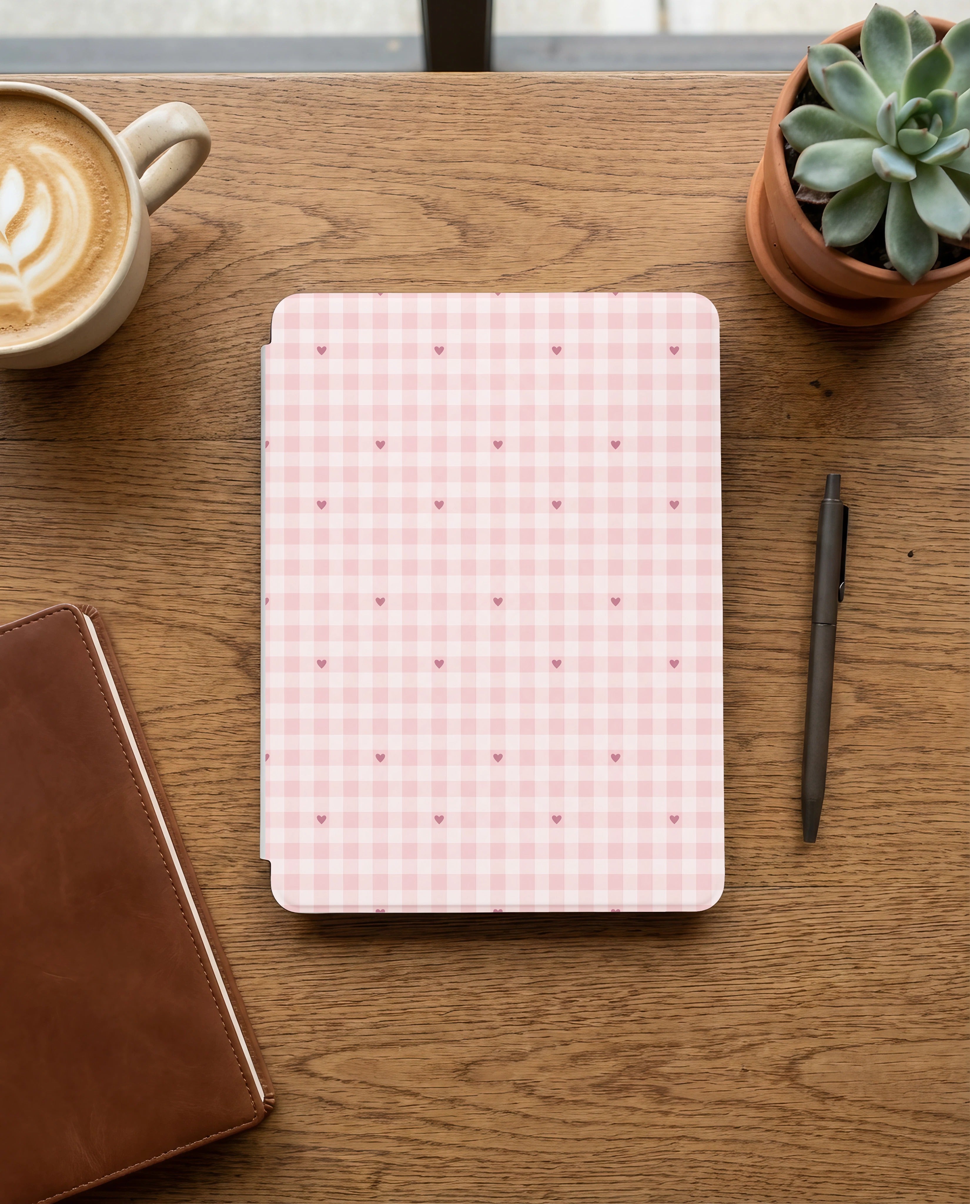 Pink Gingham Hearts Kindle Paperwhite Case — Romantic Cottagecore Gift