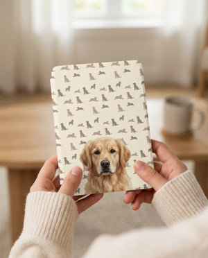 Personalized Dog Portrait Kindle Case — Golden Retriever with Dog Silhouette Pattern