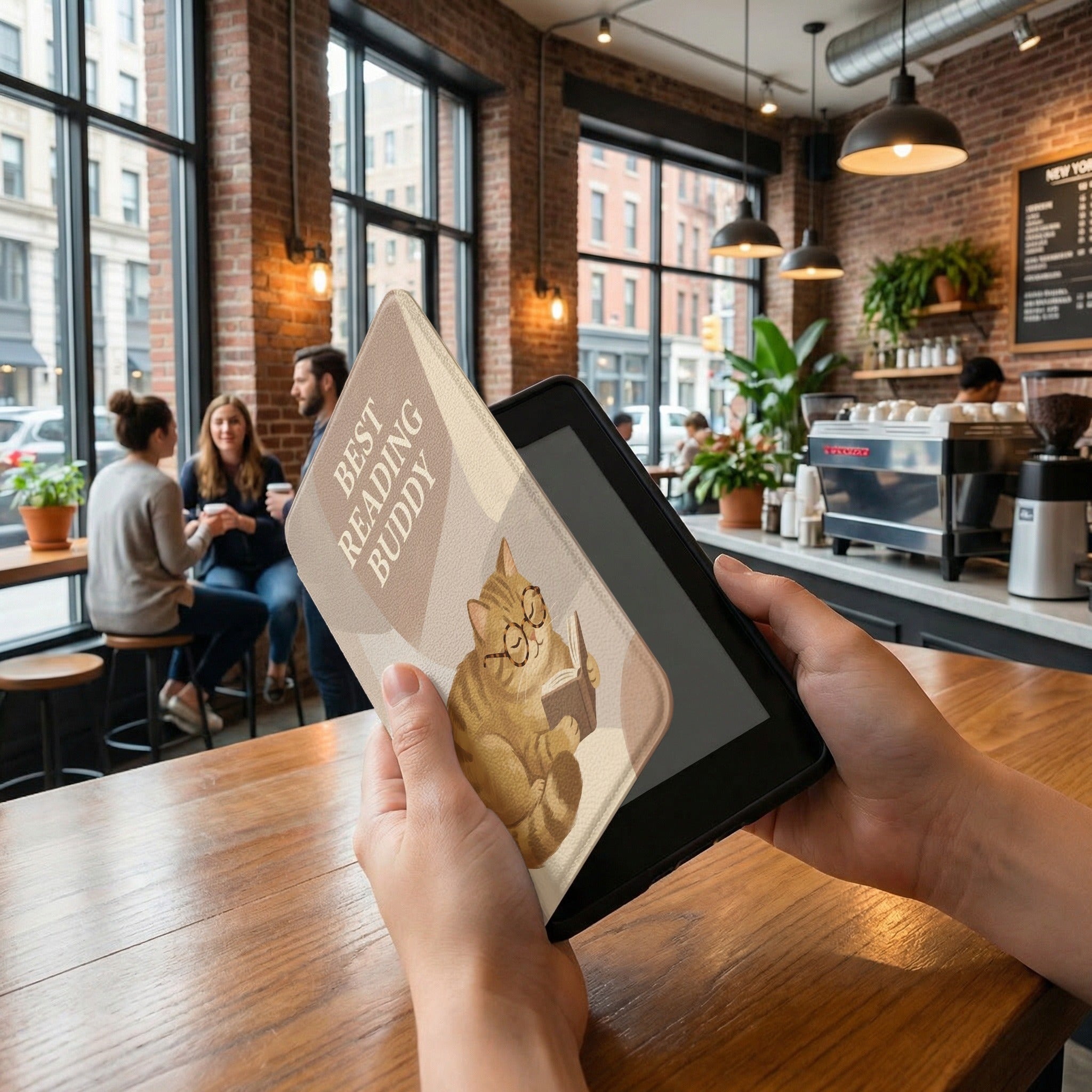 Best Reading Buddy Custom Cat Kindle 12th Gen Case — Cute Cat with Glasses Reading