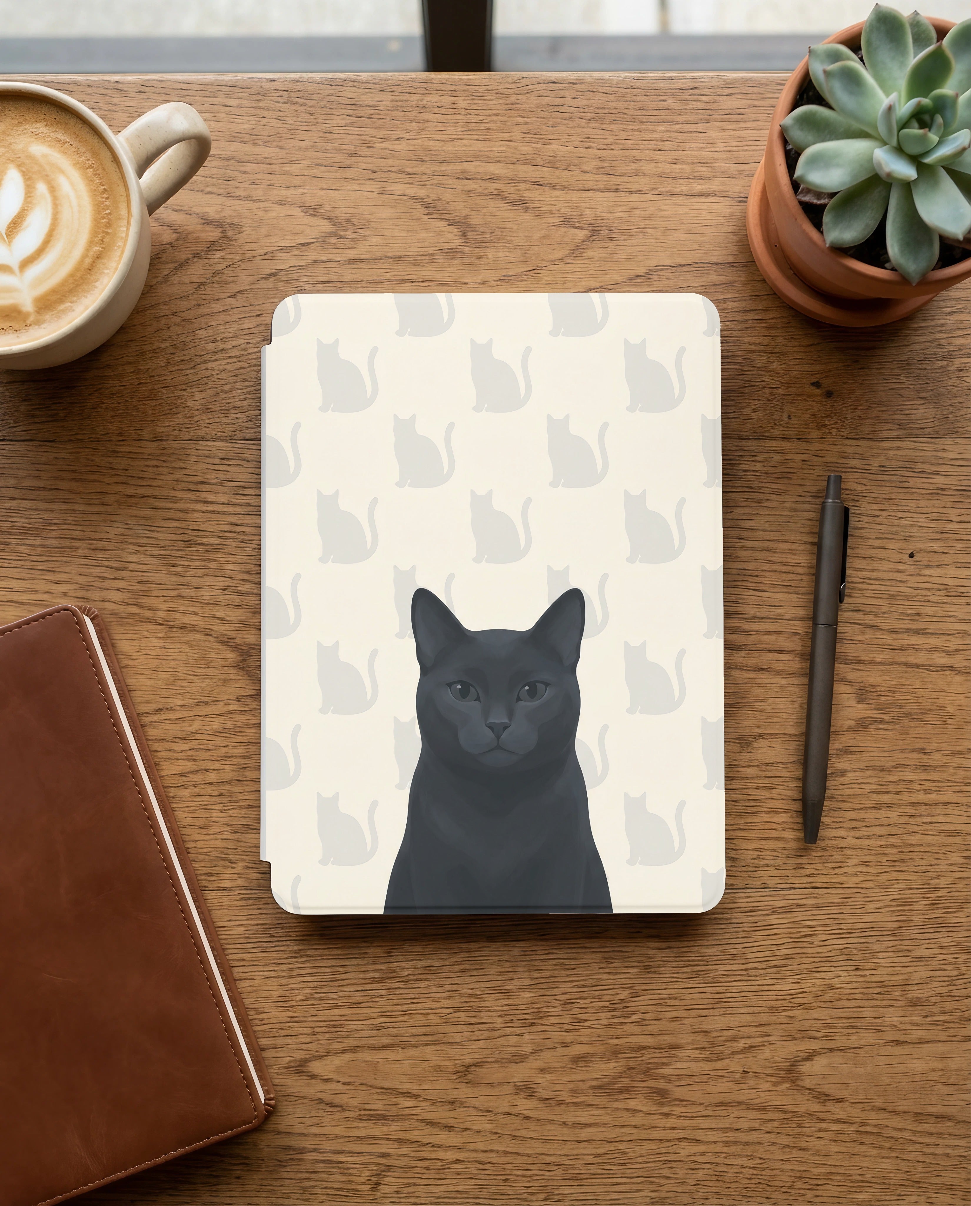 Personalized Black Cat Portrait Kindle 12th Gen Case — Elegant Silhouette Grid Pattern