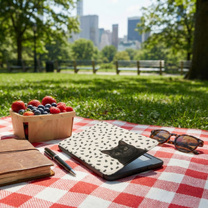 Custom Black Cat Portrait Kindle Case — Scattered Silhouette Pattern