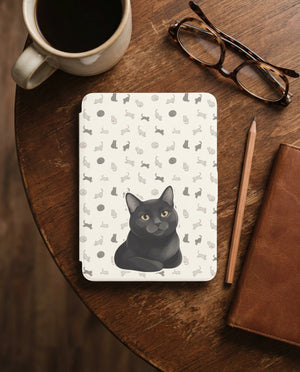 Custom Cat Portrait Kindle Case — Loafing Gray Cat with Yarn Ball Pattern