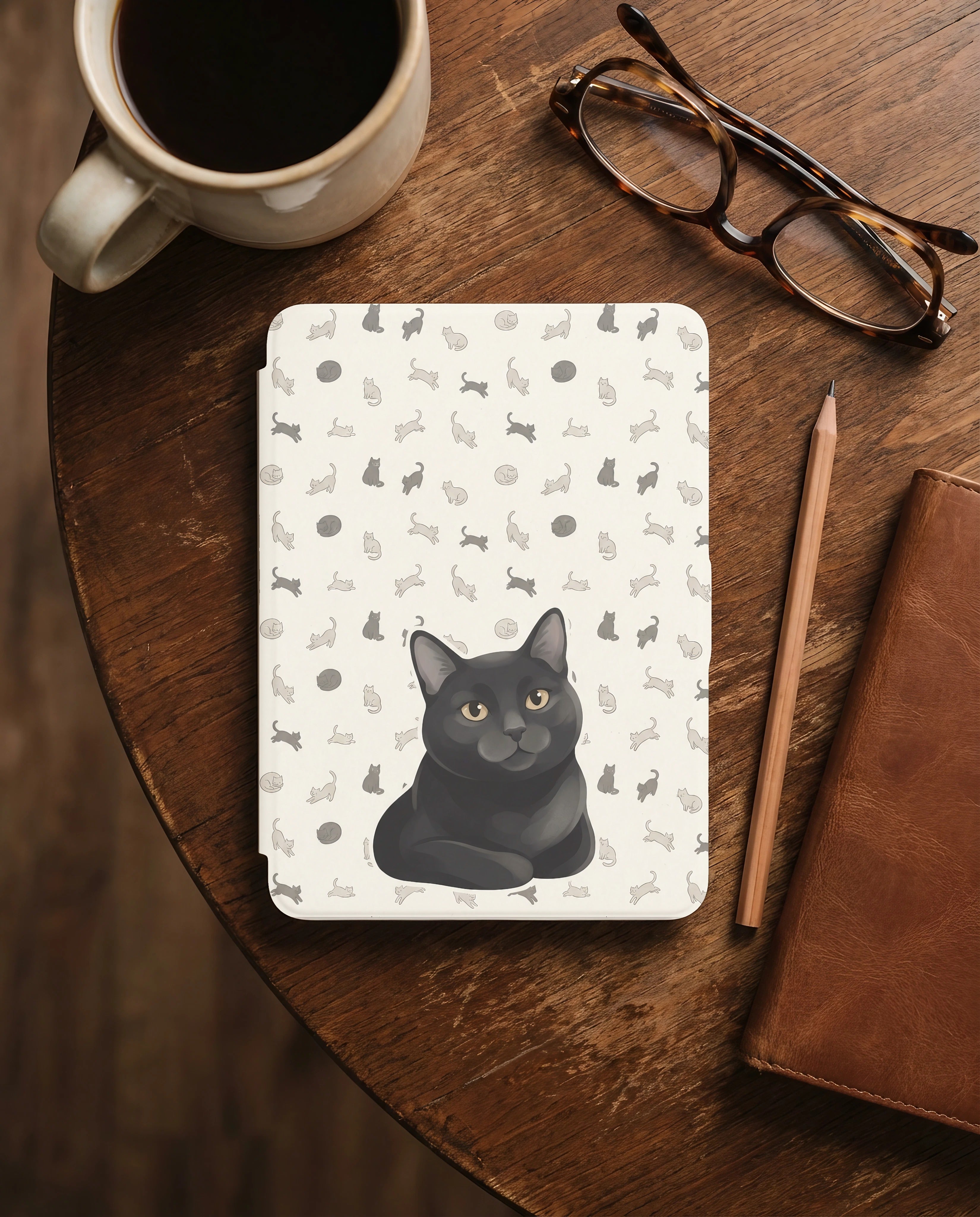 Custom Cat Portrait Kindle Case — Loafing Gray Cat with Yarn Ball Pattern