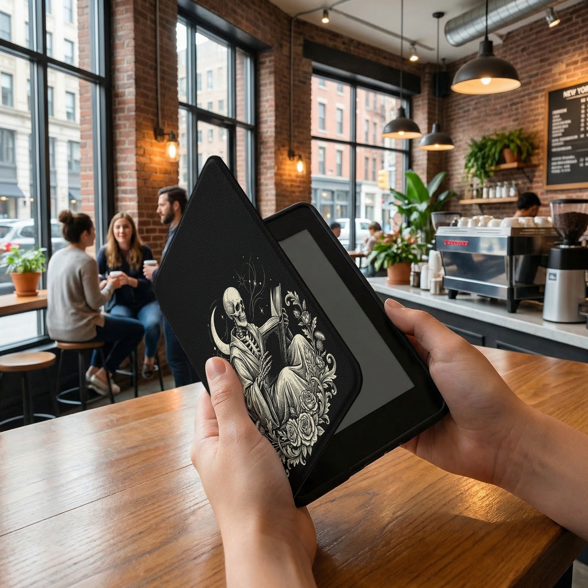Robed Skeleton Reading Kindle Case — Gothic Book Lover Gift