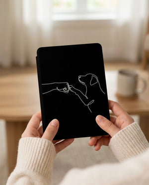 Human Dog Fist Bump Kindle Case — Minimalist Line Art Pet Bond Gift