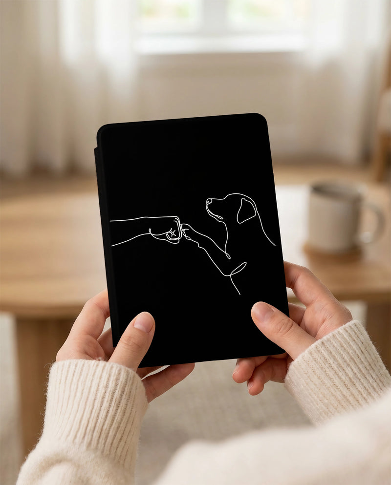 Human Dog Fist Bump Kindle Case — Minimalist Line Art Pet Bond Gift