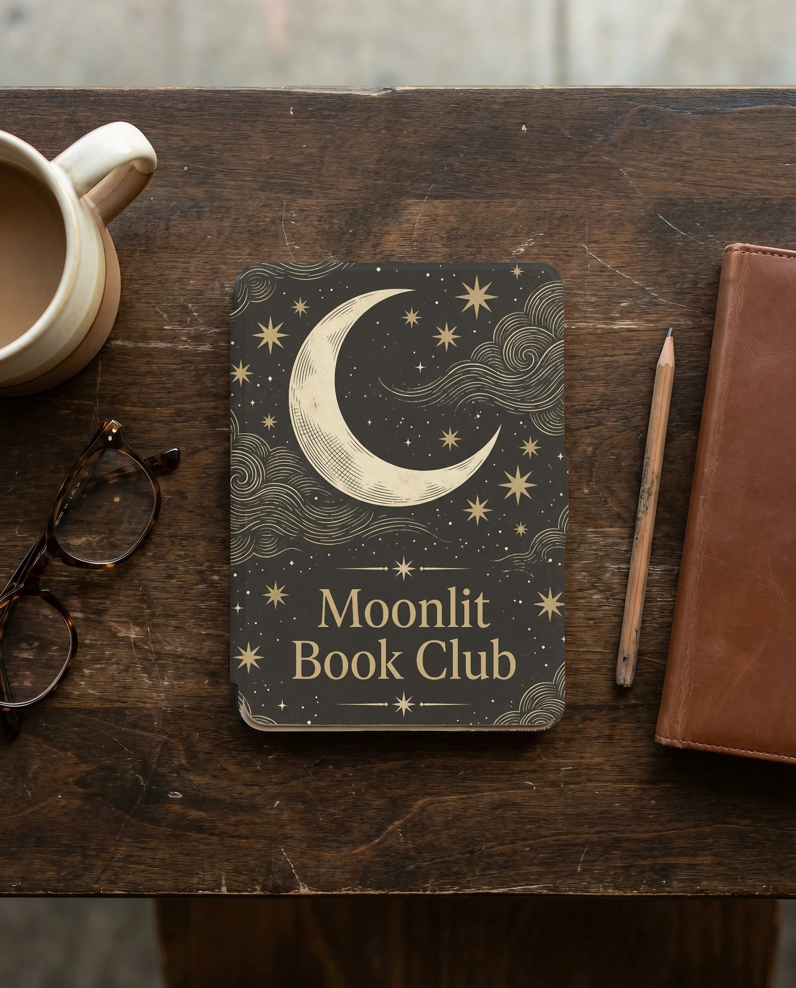 Moonlit Book Club Kindle Case — Vintage Woodcut Slate Blue