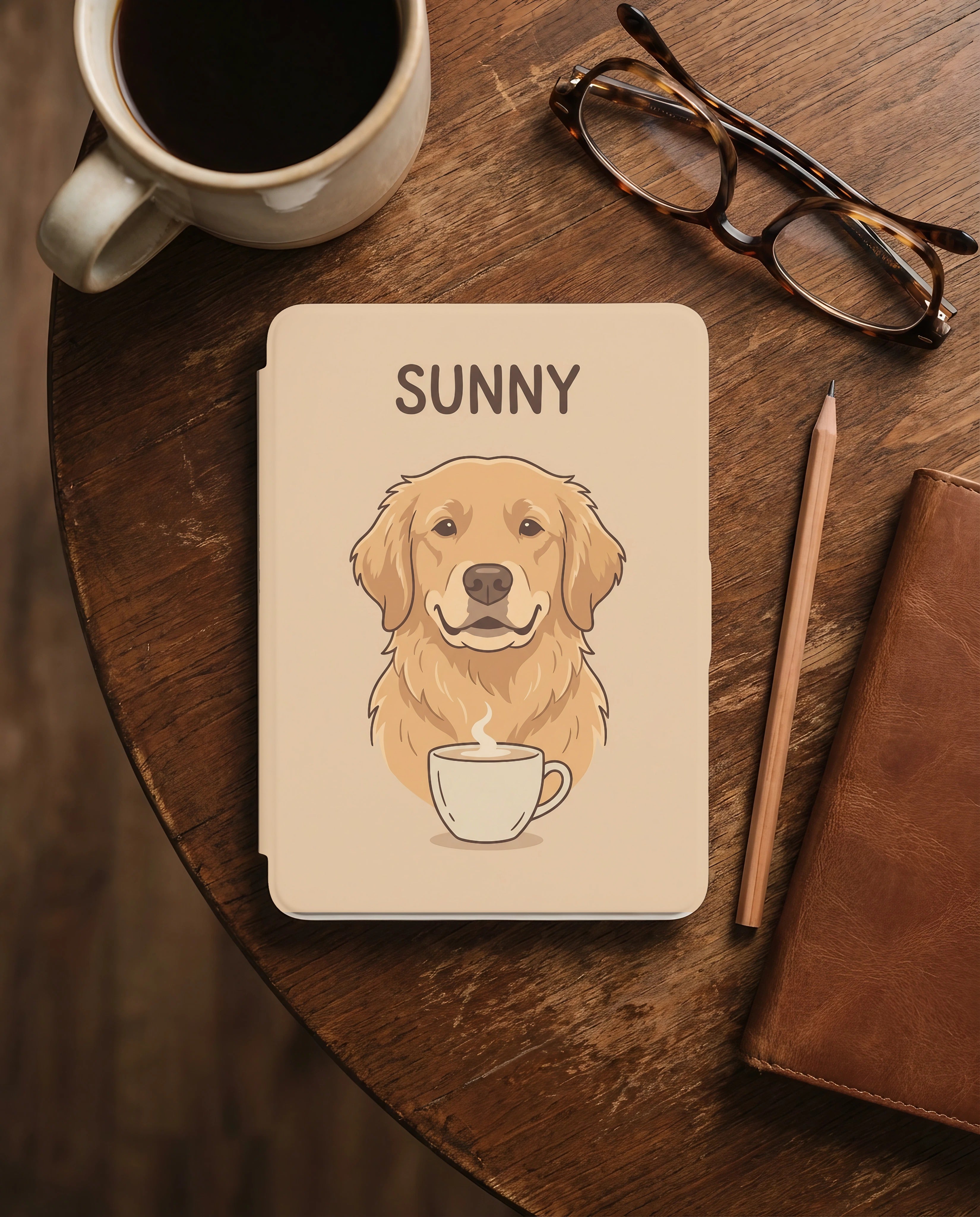 Personalized Pet Portrait Kindle Case — Cozy Café Dog or Cat