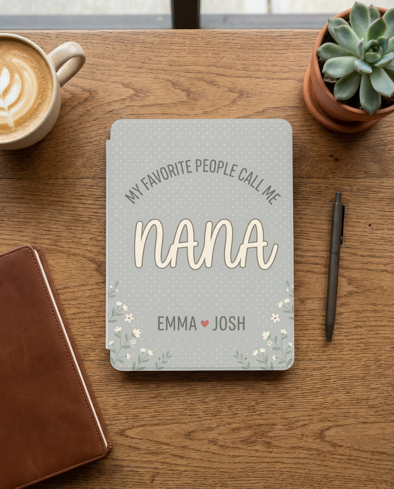 Personalized Nana Kindle Colorsoft Case — Floral Gray with Grandkids Names Gift