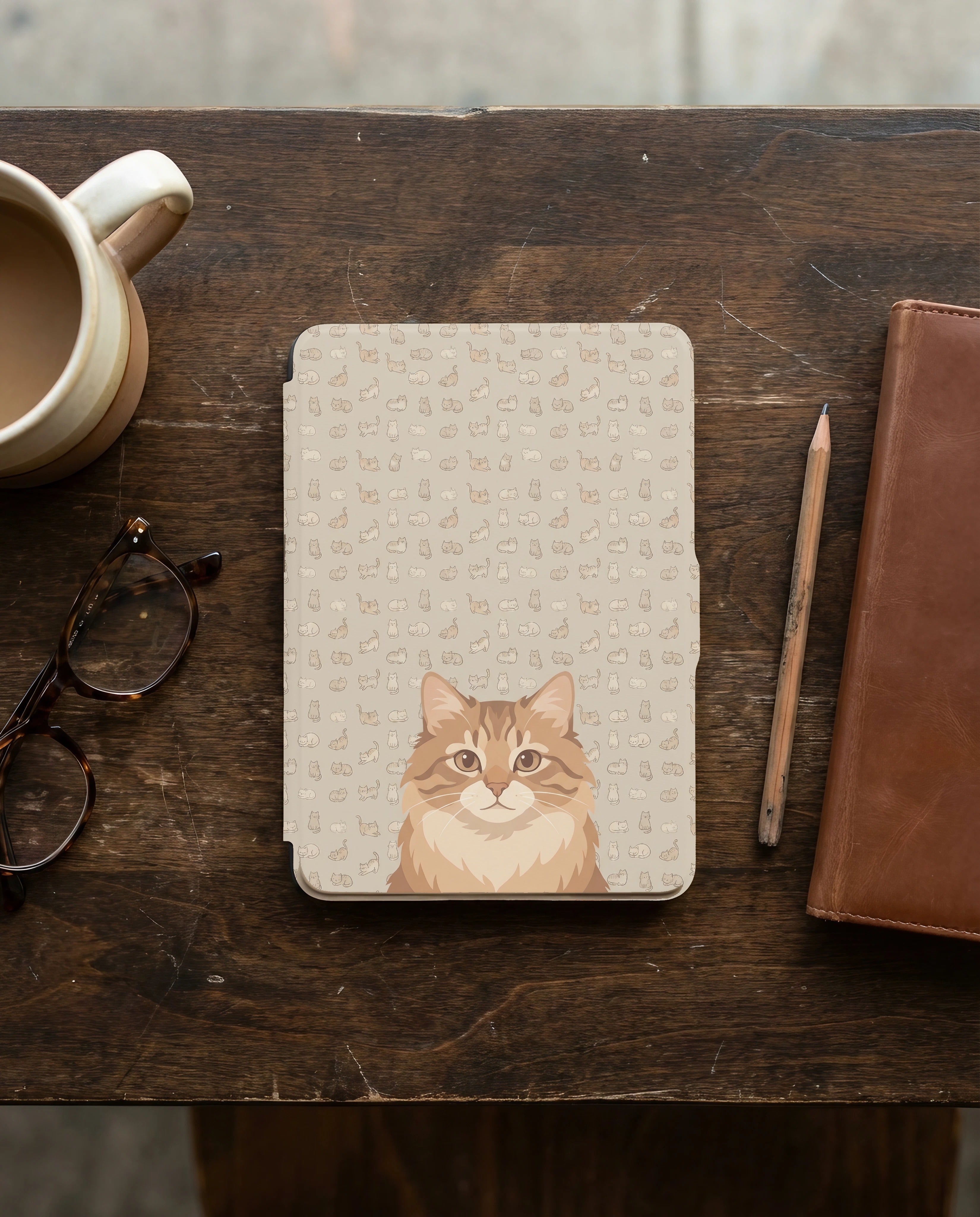 Custom Cat Portrait Kindle Case — Ginger Longhair with Playful Doodle Pattern Gift