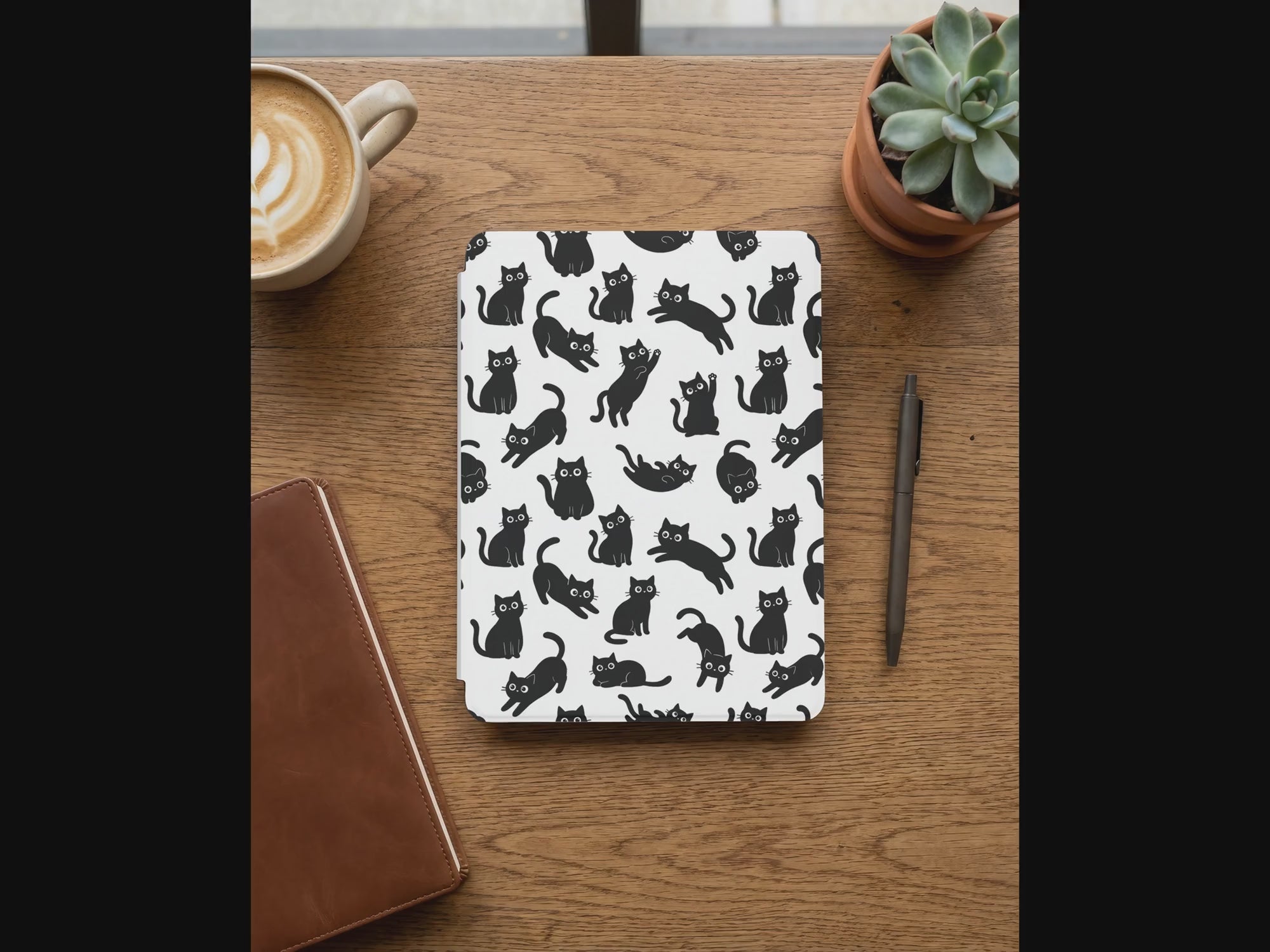 Black Cat Pattern Kindle Paperwhite Case — Playful Cat Lover Gift