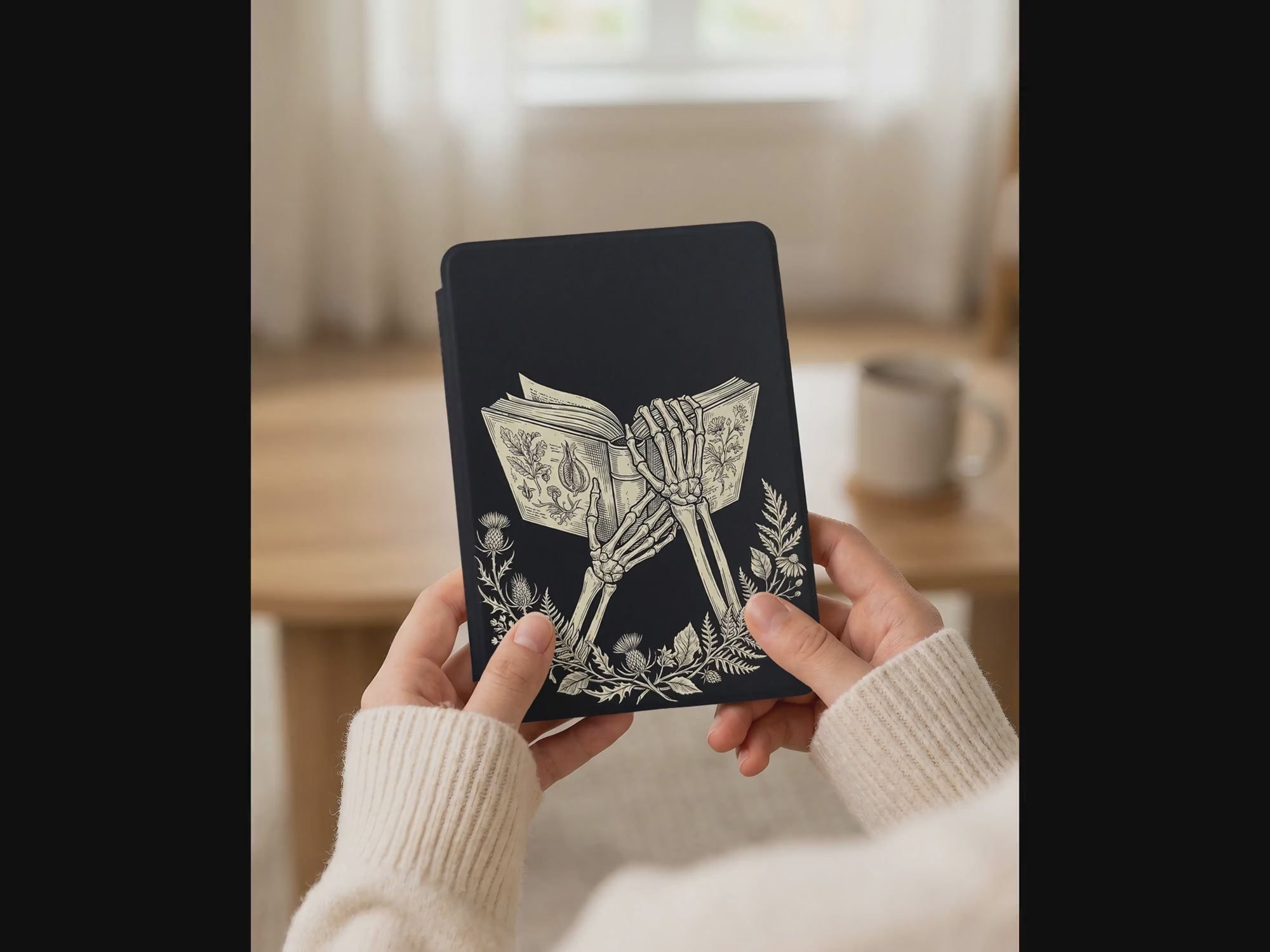 Skeleton Hands Holding Book Kindle Case — Gothic Book Lover Gift