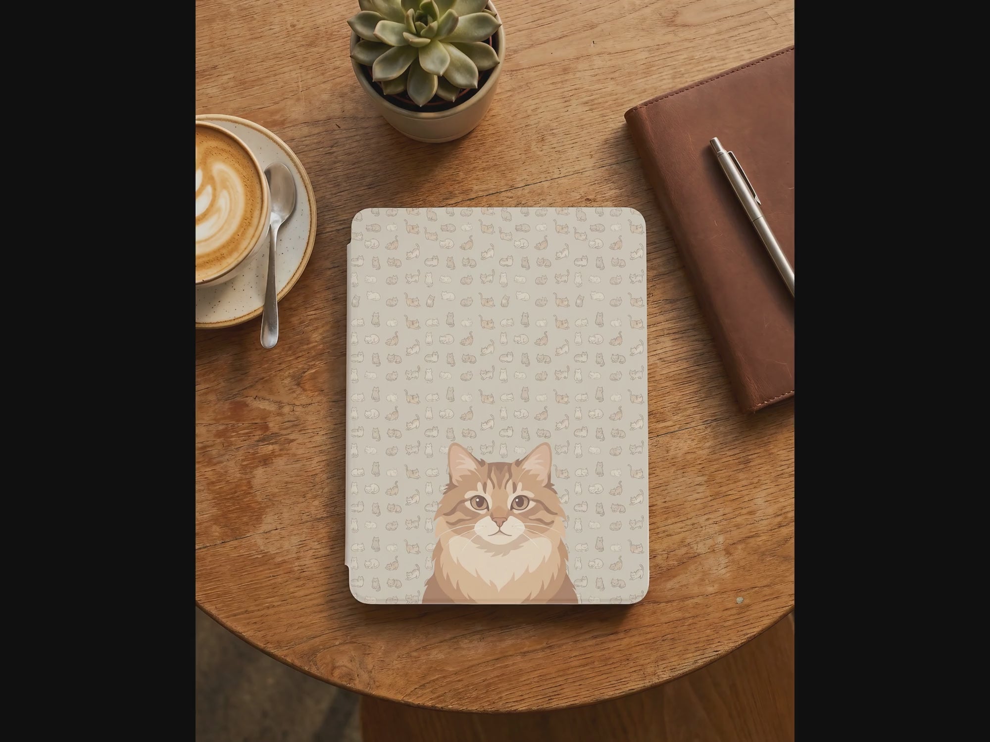 Custom Cat Portrait Kindle Case — Ginger Longhair with Playful Doodle Pattern Gift
