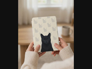Personalized Black Cat Portrait Kindle 12th Gen Case — Elegant Silhouette Grid Pattern