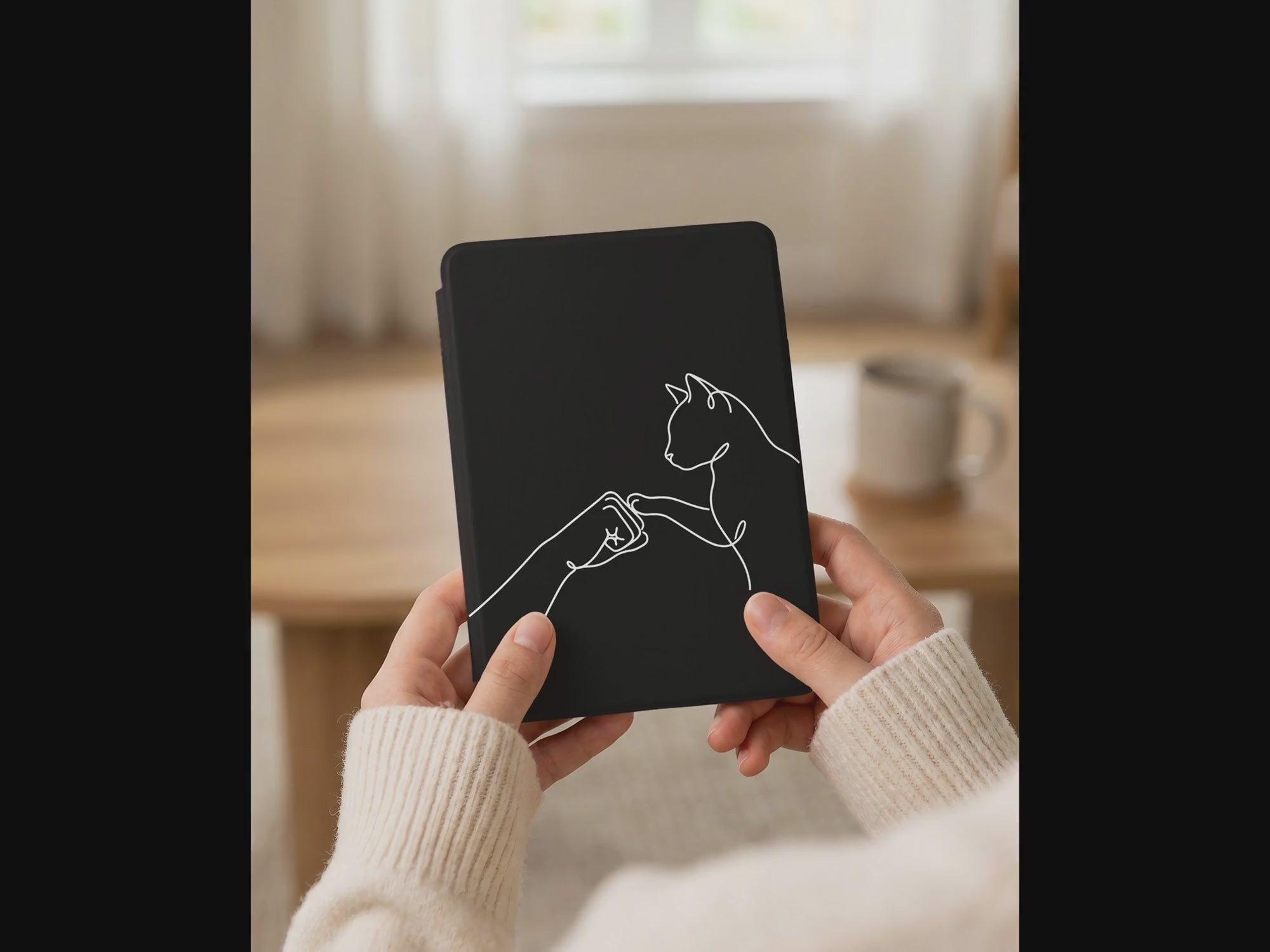 Human Cat Fist Bump Kindle Case — Minimalist Line Art Pet Bond Gift