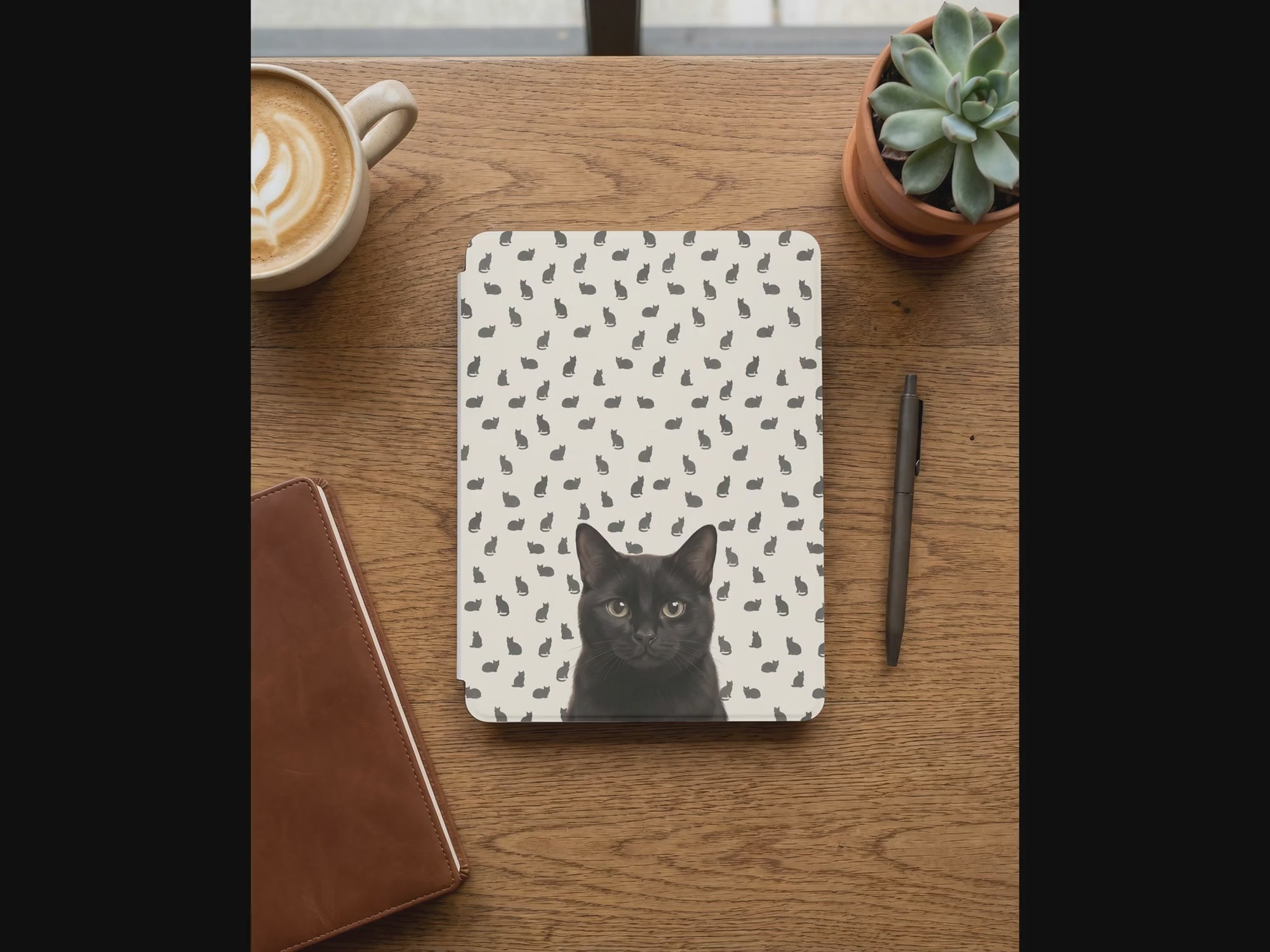 Custom Black Cat Portrait Kindle Case — Scattered Silhouette Pattern