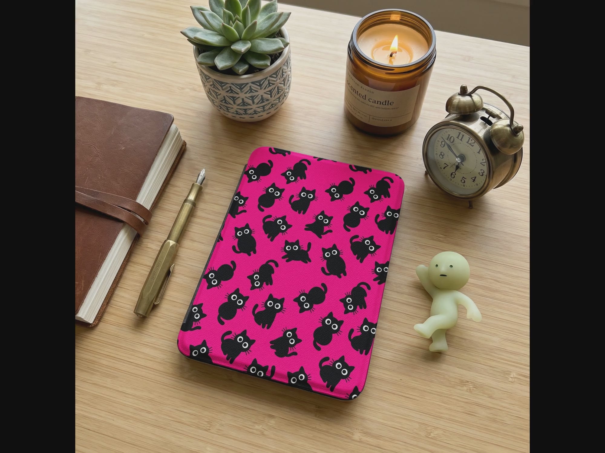 Hot Pink Black Cat Kindle Colorsoft Case — Kawaii Cat Lover Gift