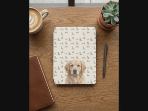 Personalized Dog Portrait Kindle Case — Golden Retriever with Dog Silhouette Pattern