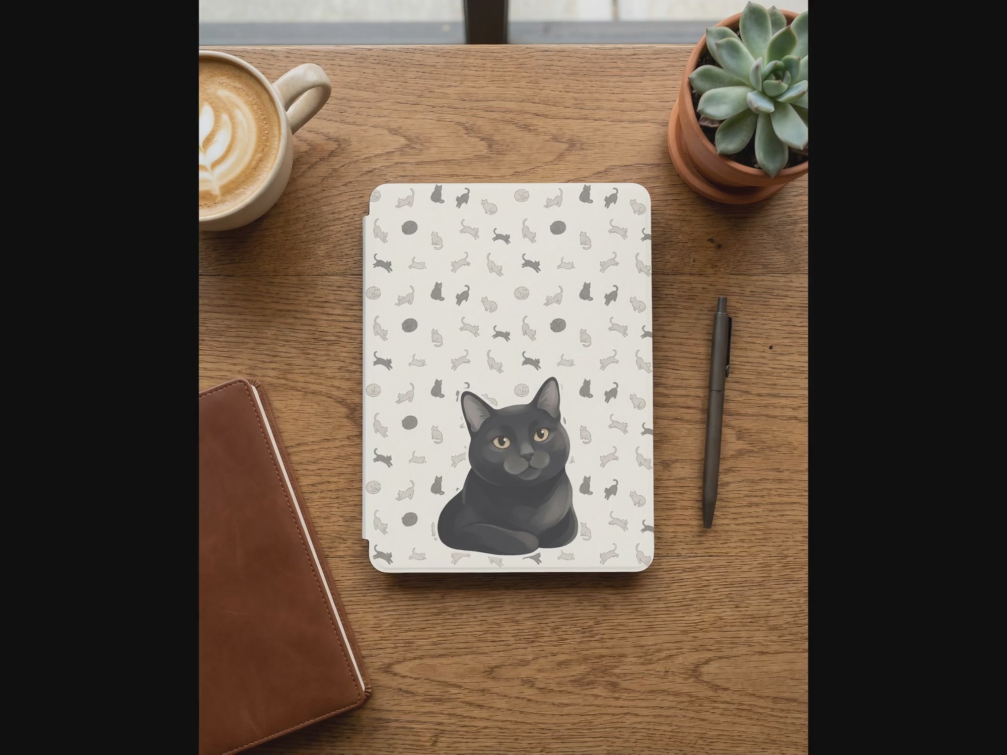 Custom Cat Portrait Kindle Case — Loafing Gray Cat with Yarn Ball Pattern