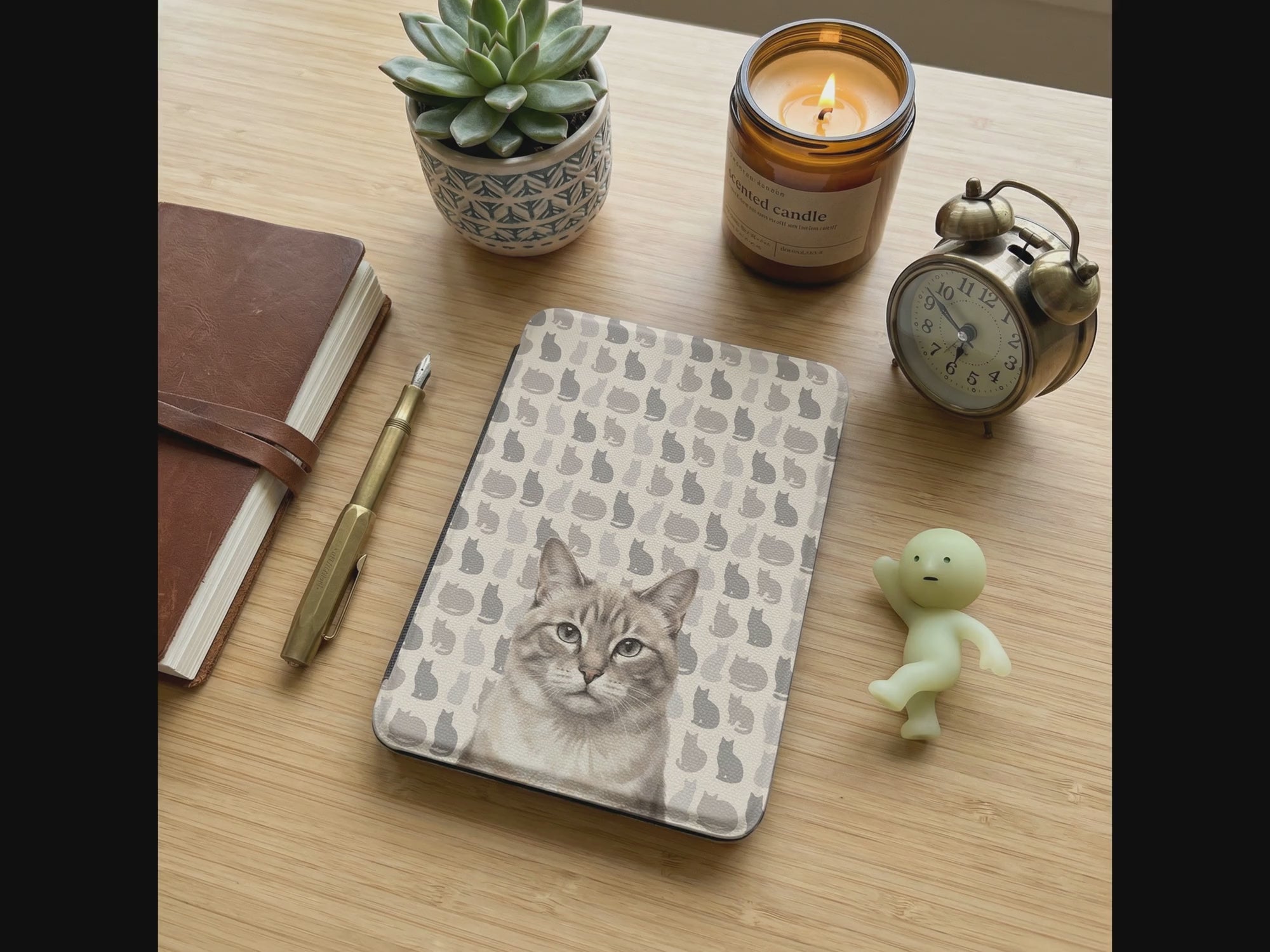 Custom Cat Portrait Kindle Case — Light Tabby with Tonal Silhouette Grid