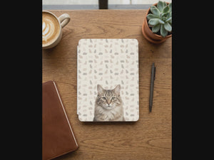 Custom Cat Portrait Kindle Case — Fluffy Tabby with Silhouette Pattern Gift