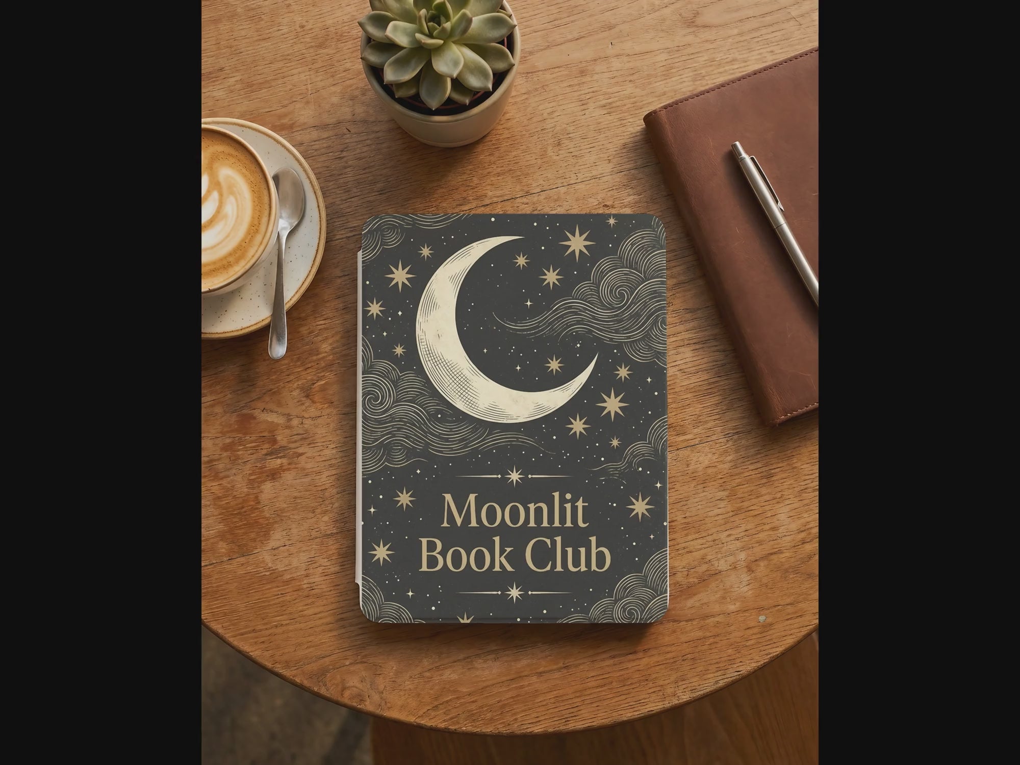 Moonlit Book Club Kindle Case — Vintage Woodcut Slate Blue