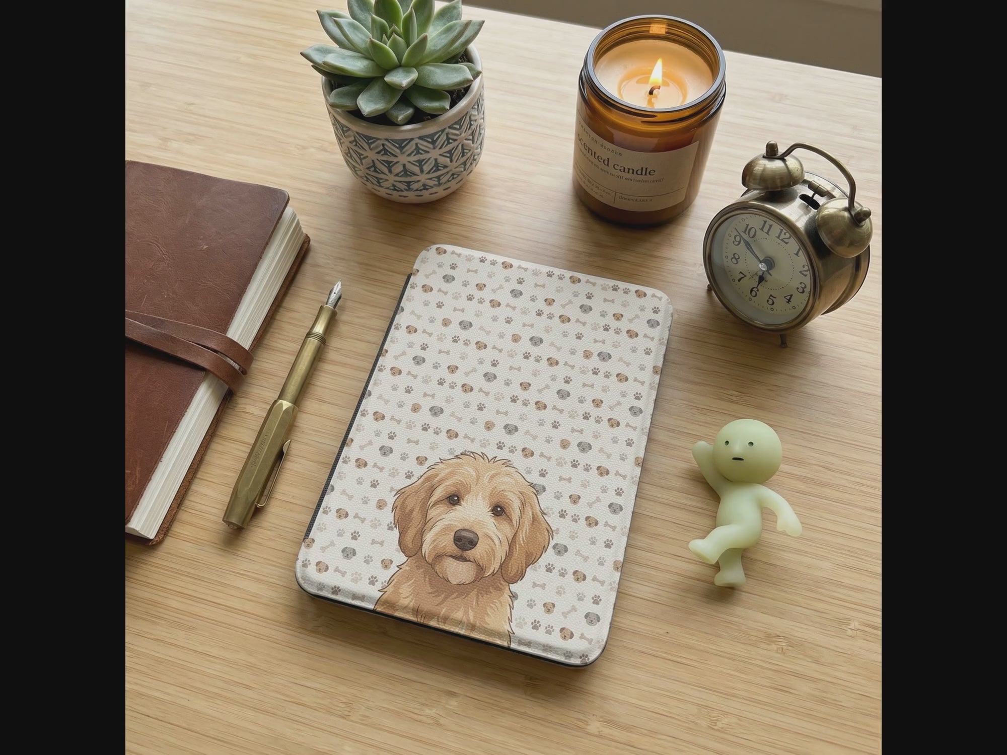 Custom Dog Portrait Kindle Case — Goldendoodle with Paw Print Pattern