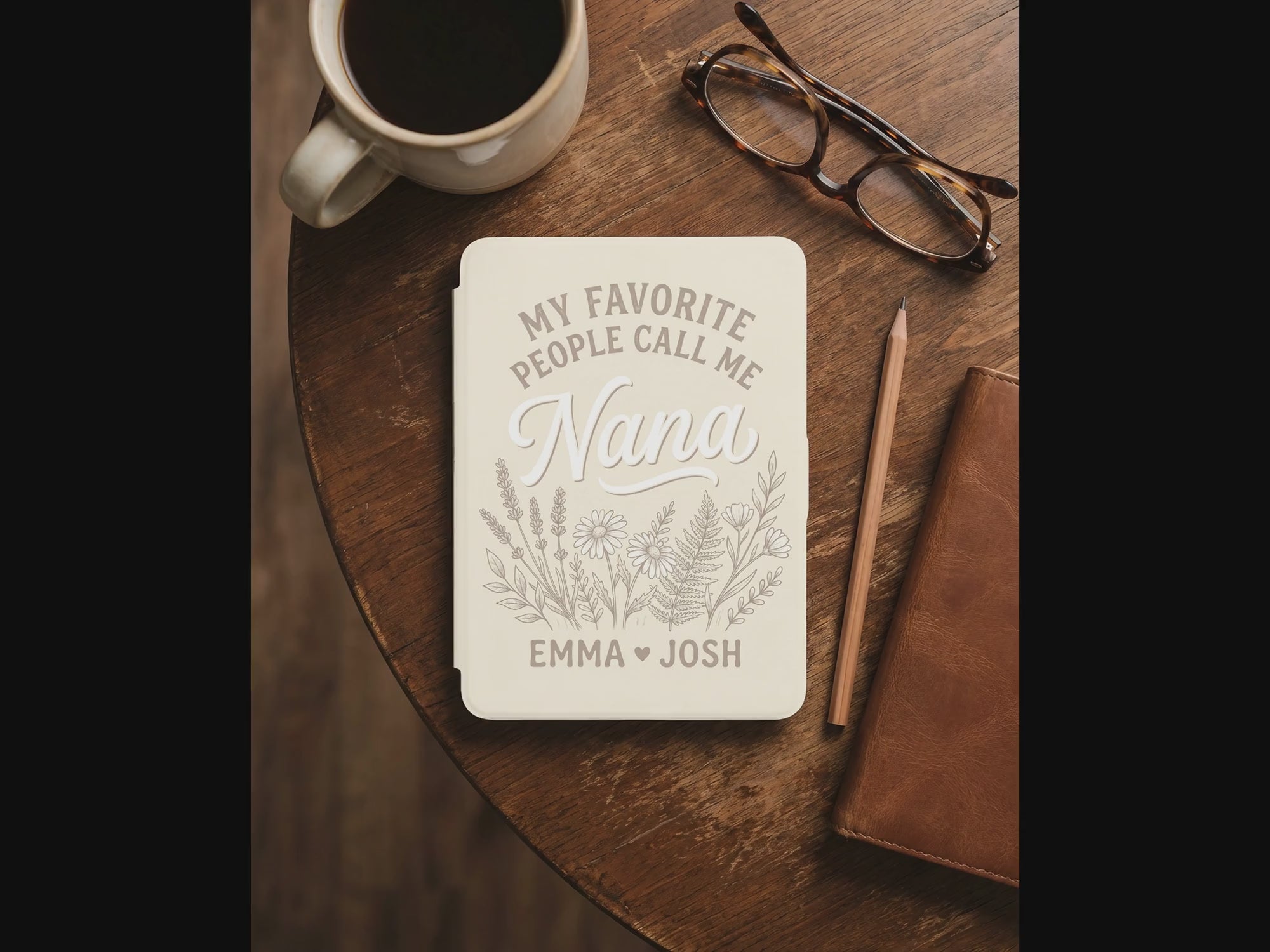 Personalized Nana Kindle Case — Cream Floral Design with Grandkids Names Gift